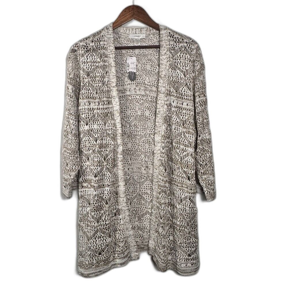NWT CJ Banks Open Knit Crochet Duster Cardigan 2X Cream Boho Cottagecore Plus